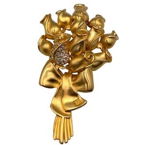 Givenchy Vintage RARE Gold Tone Rosebud Bouquet Brooch Rhinestone Bow Pin